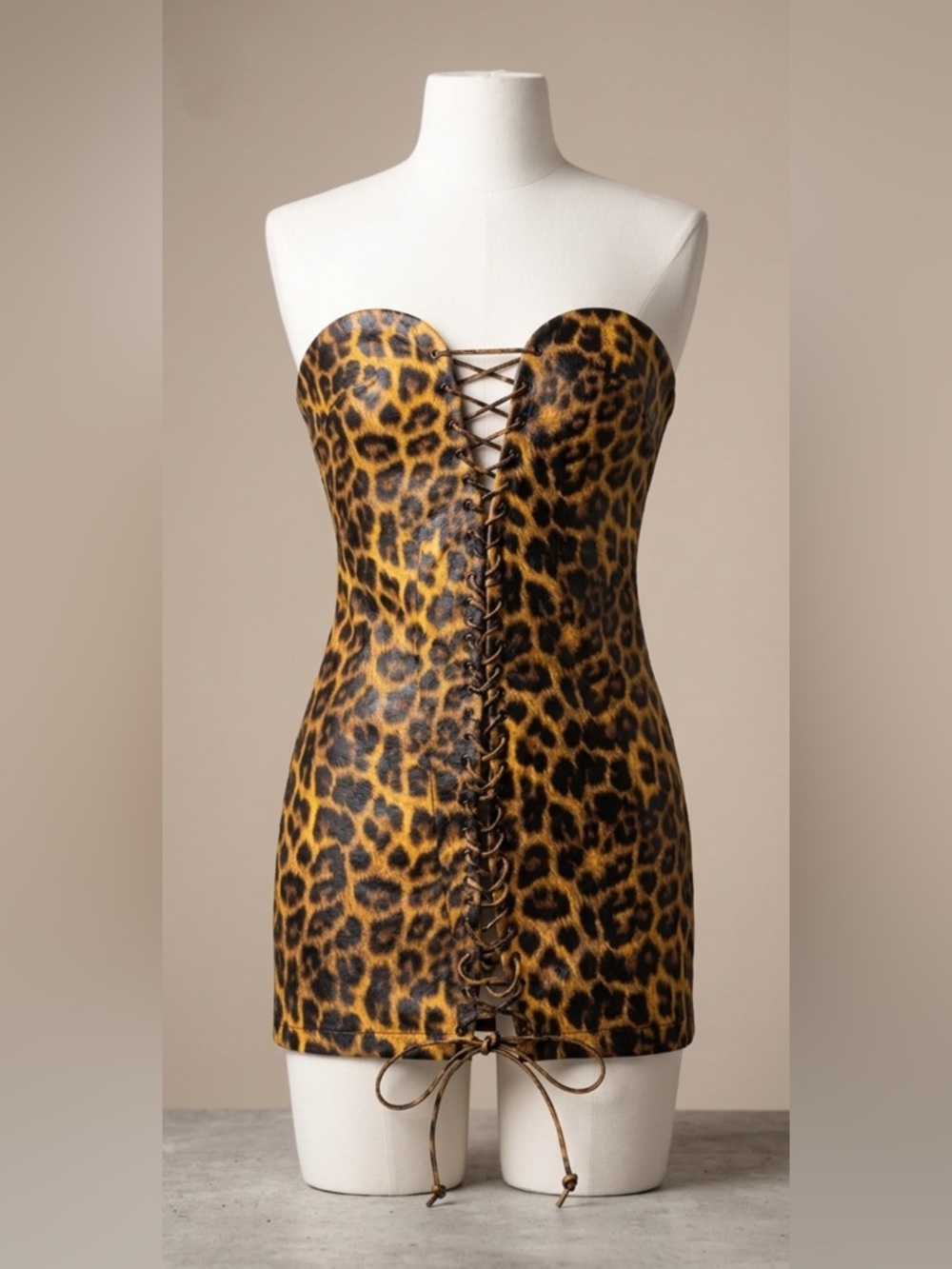 New Miscreants Leather Lace Up Cheetah Strapless Dress Revolve $1500 XS/0 grunge